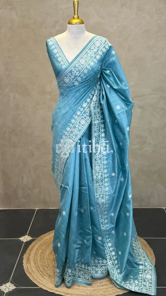 SEMI TUSSAR EMBROIDERY SAREE - LIGHT BLUE