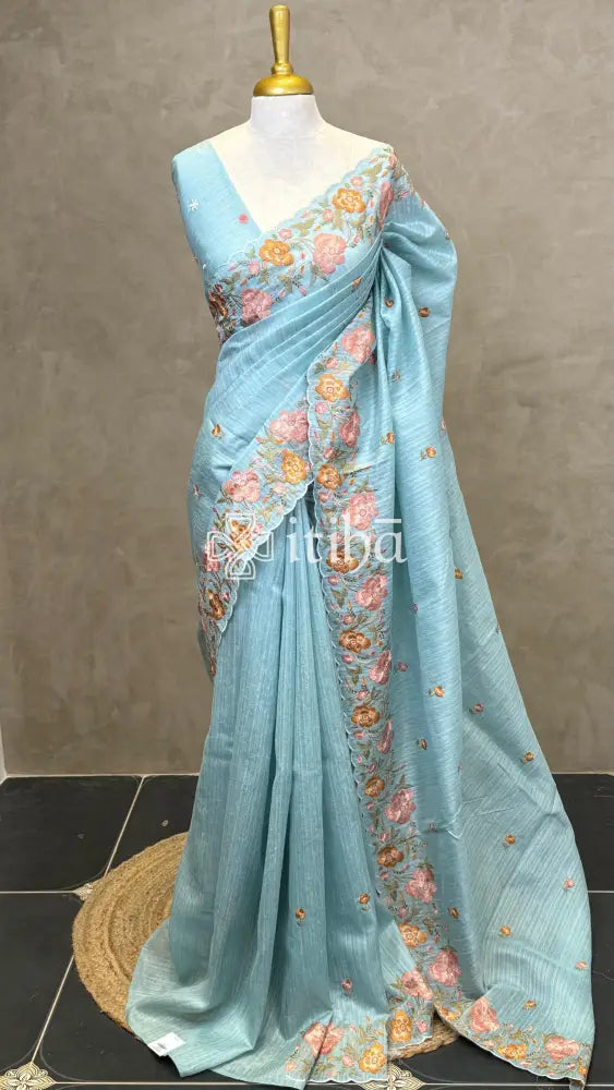 SEMI TUSSAR EMBROIDERY SAREE - LIGHT BLUE