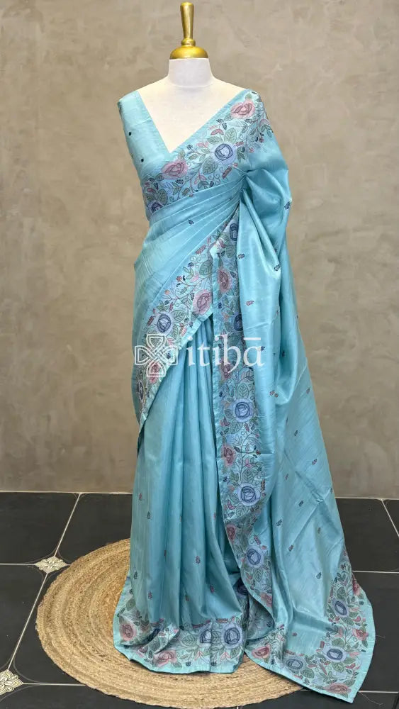 SEMI TUSSAR EMBROIDERY SAREE - LIGHT BLUE
