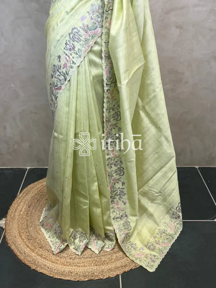 SEMI TUSSAR EMBROIDERY SAREE - LIGHT GREEN
