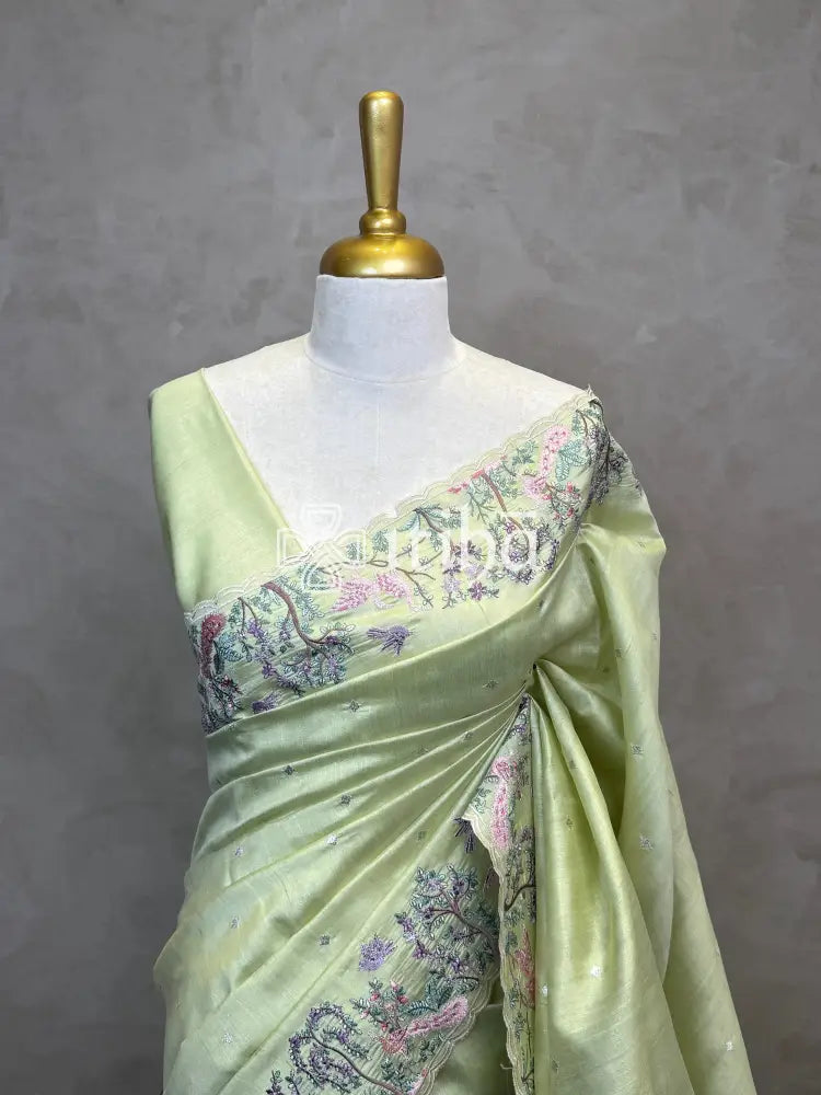 SEMI TUSSAR EMBROIDERY SAREE - LIGHT GREEN