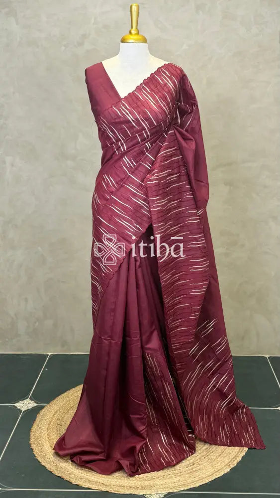 SEMI TUSSAR EMBROIDERY SAREE - MAROON
