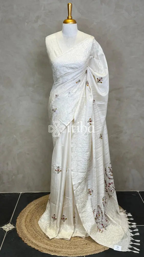 SEMI TUSSAR EMBROIDERY SAREE - MUSTARD BROWN