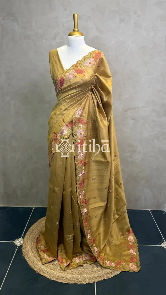 SEMI TUSSAR EMBROIDERY SAREE - MUSTARD GOLD
