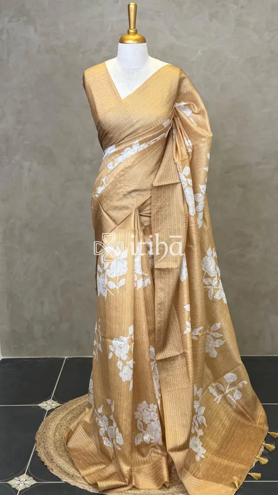 SEMI TUSSAR EMBROIDERY SAREE - MUSTARD GOLD