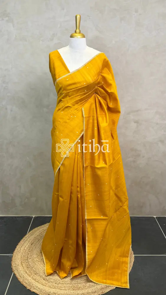 SEMI TUSSAR EMBROIDERY SAREE - mustard yellow