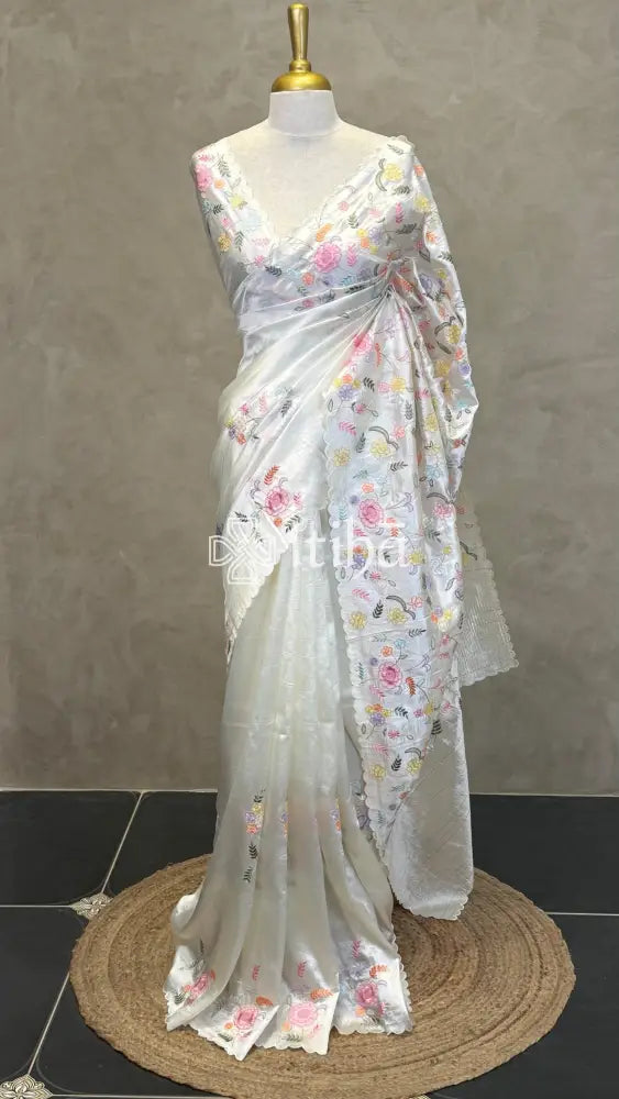 SEMI TUSSAR EMBROIDERY SAREE - OFF WHITE