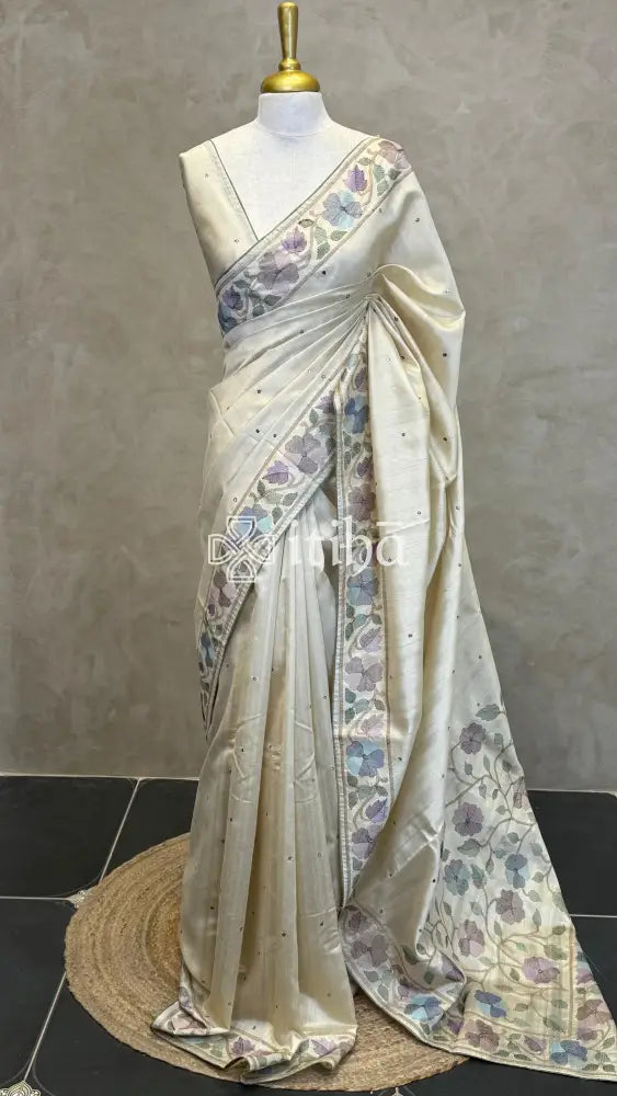 SEMI TUSSAR EMBROIDERY SAREE - olive green