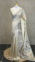 SEMI TUSSAR EMBROIDERY SAREE - olive green