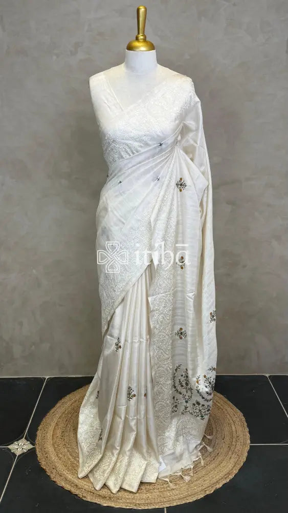 SEMI TUSSAR EMBROIDERY SAREE - olive green