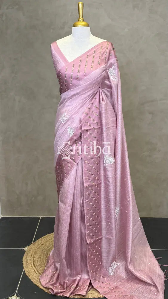 SEMI TUSSAR EMBROIDERY SAREE - ONION PINK