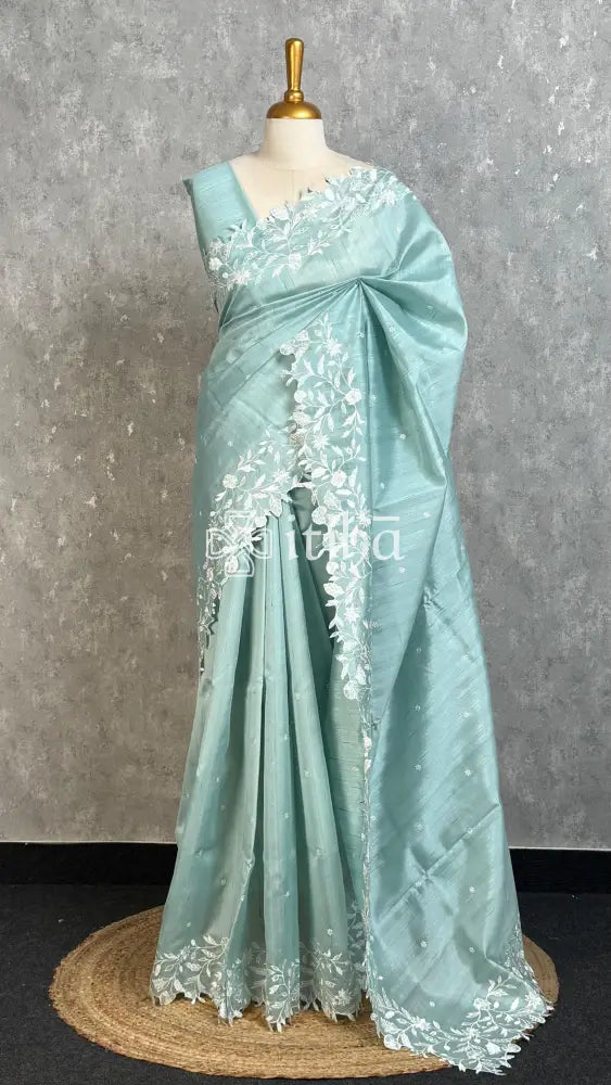SEMI TUSSAR EMBROIDERY SAREE - PASTEL AQUA GREEN