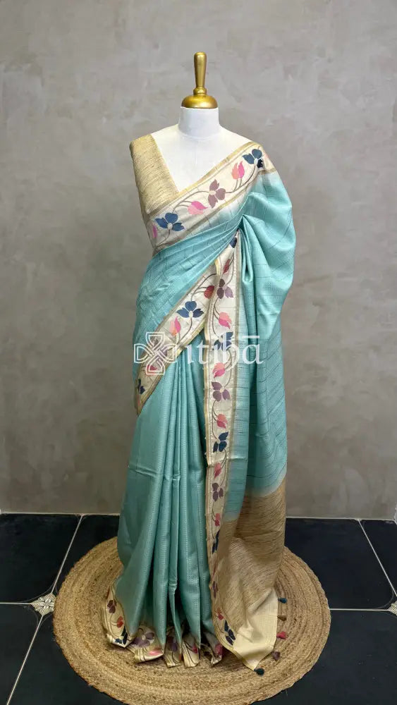 SEMI TUSSAR EMBROIDERY SAREE - PASTEL AQUA MINT