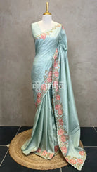 SEMI TUSSAR EMBROIDERY SAREE - PASTEL BLUE