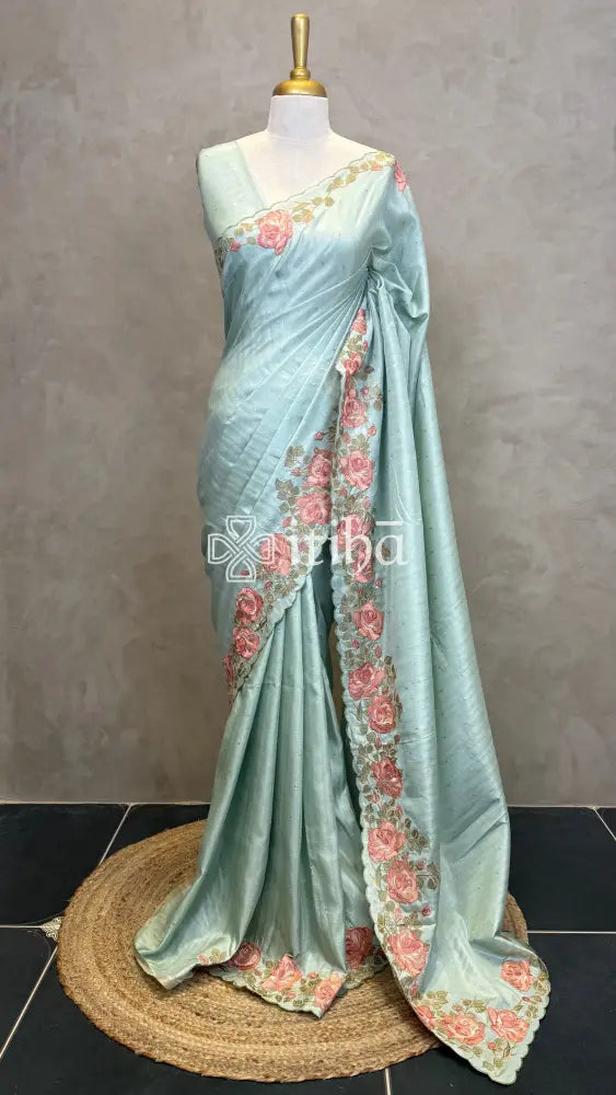 SEMI TUSSAR EMBROIDERY SAREE - PASTEL BLUE