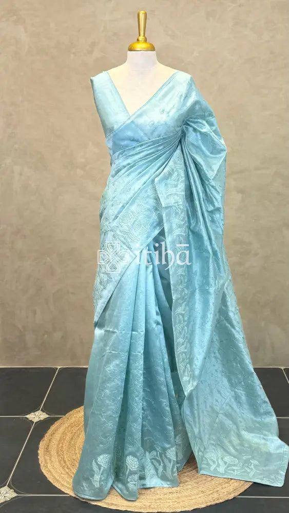 SEMI TUSSAR EMBROIDERY SAREE - PASTEL BLUE