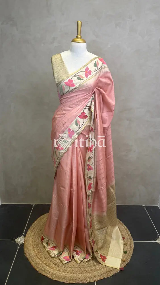 SEMI TUSSAR EMBROIDERY SAREE - PASTEL PEACH