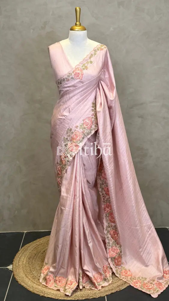 SEMI TUSSAR EMBROIDERY SAREE - PASTEL PEACH
