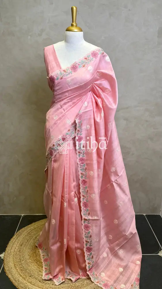 SEMI TUSSAR EMBROIDERY SAREE - PASTEL PEACH