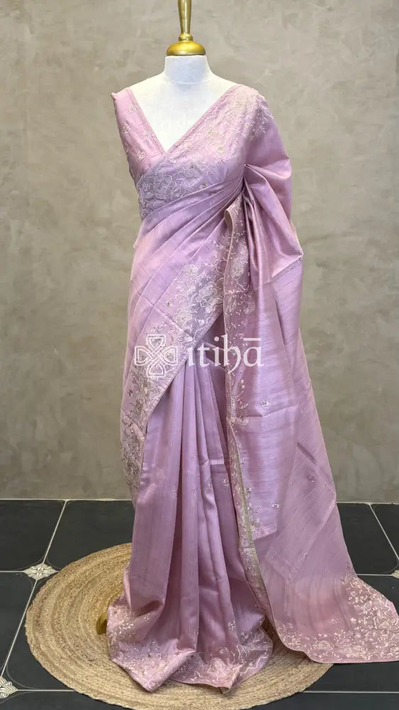 SEMI TUSSAR EMBROIDERY SAREE - PASTEL PINK