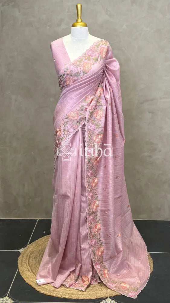 SEMI TUSSAR EMBROIDERY SAREE - PASTEL PINK