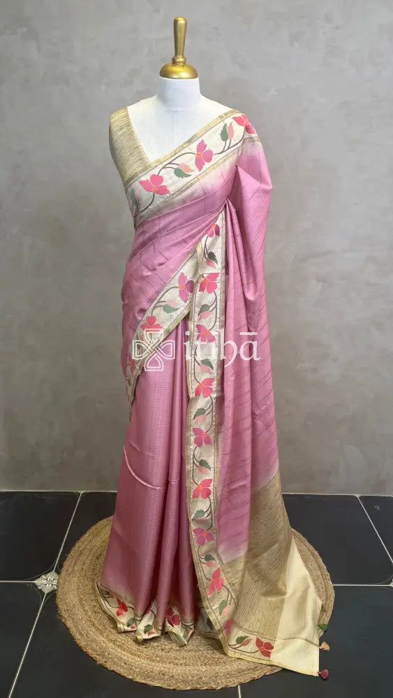 SEMI TUSSAR EMBROIDERY SAREE - PASTEL PINK
