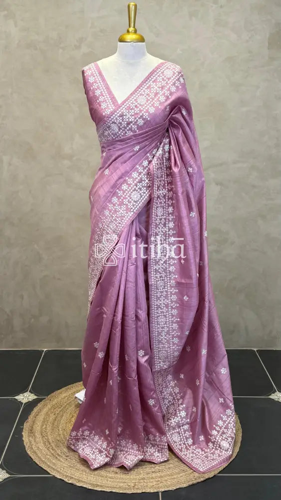 SEMI TUSSAR EMBROIDERY SAREE - PASTEL PINK