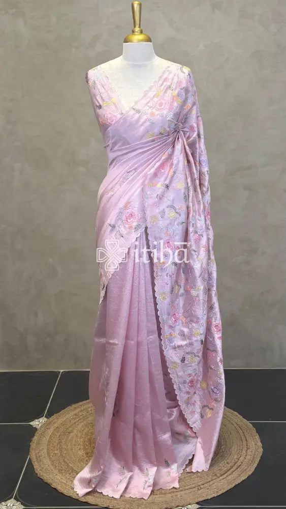 SEMI TUSSAR EMBROIDERY SAREE - PASTEL PINK