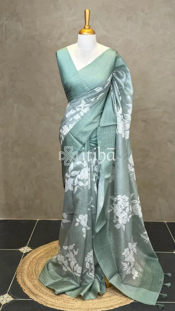 SEMI TUSSAR EMBROIDERY SAREE - PASTEL SAGE GREEN