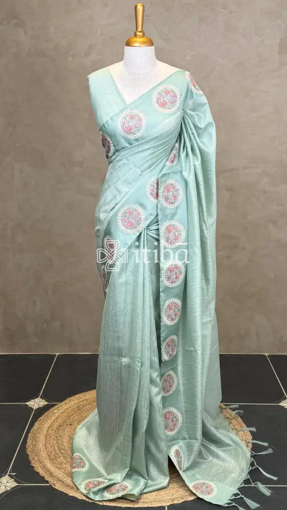 SEMI TUSSAR EMBROIDERY SAREE - PASTEL SAGE GREEN