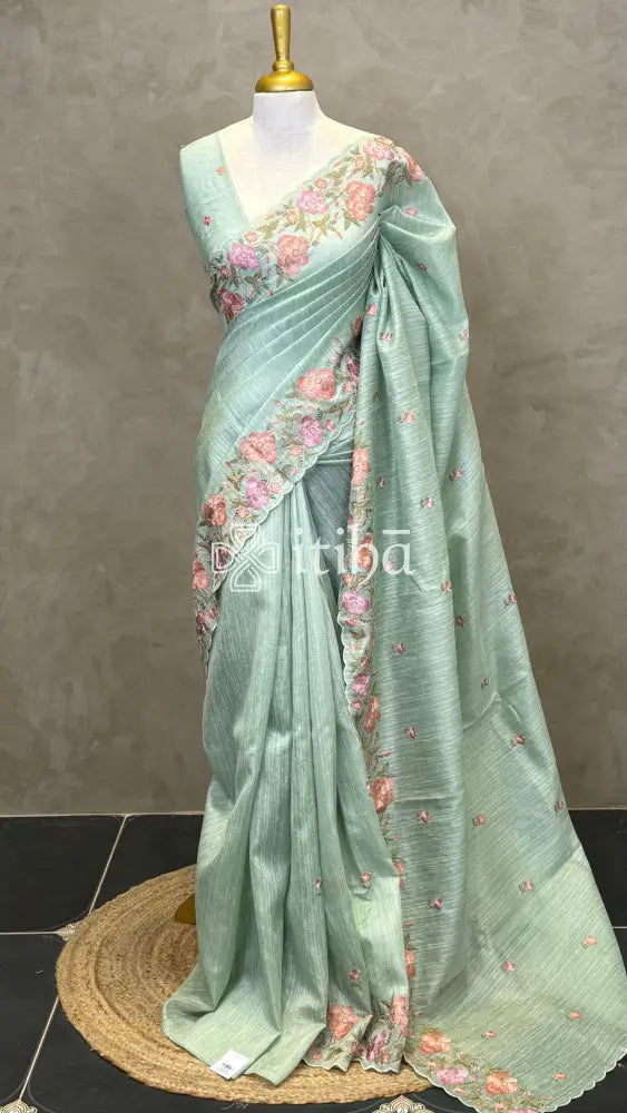 SEMI TUSSAR EMBROIDERY SAREE - PASTEL SAGE GREEN