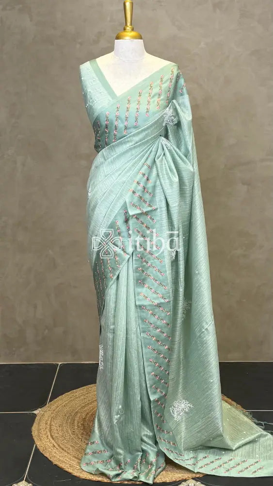 SEMI TUSSAR EMBROIDERY SAREE - PASTEL SAGE GREEN