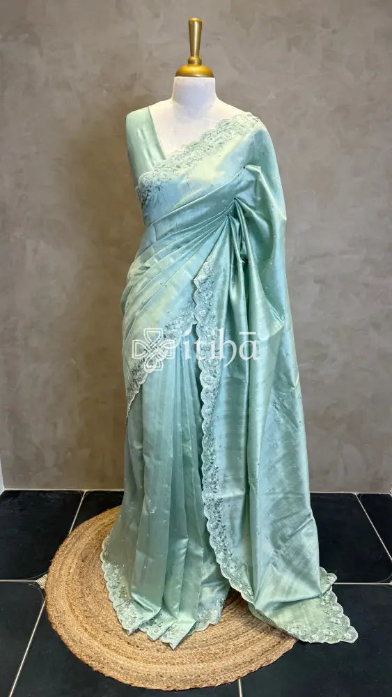 SEMI TUSSAR EMBROIDERY SAREE - PASTEL SAGE GREEN