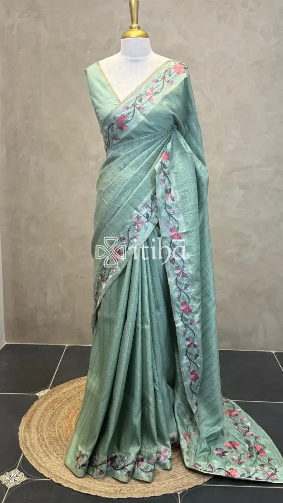 SEMI TUSSAR EMBROIDERY SAREE - PASTEL SAGE GREEN