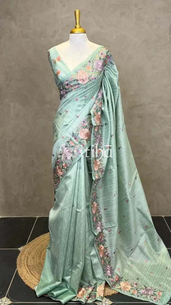 SEMI TUSSAR EMBROIDERY SAREE - PASTEL SAGE GREEN