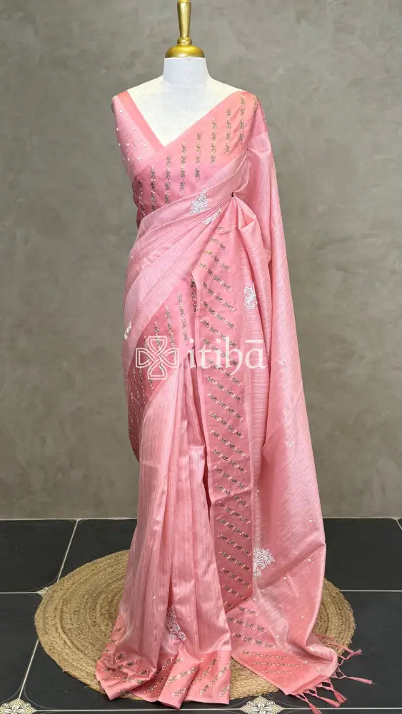 SEMI TUSSAR EMBROIDERY SAREE - PEACH