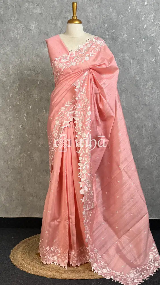 SEMI TUSSAR EMBROIDERY SAREE - PEACH PINK
