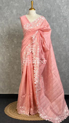 SEMI TUSSAR EMBROIDERY SAREE - PEACH PINK