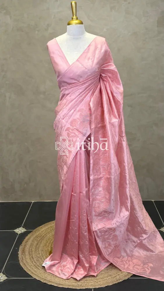 SEMI TUSSAR EMBROIDERY SAREE - PEACH PINK