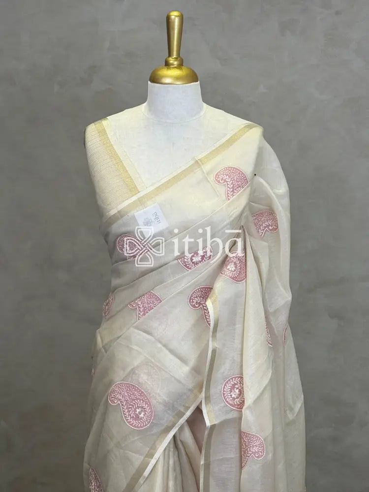 SEMI TUSSAR EMBROIDERY SAREE - PEACH PINK