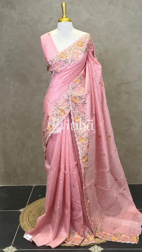 SEMI TUSSAR EMBROIDERY SAREE - PEACH PINK
