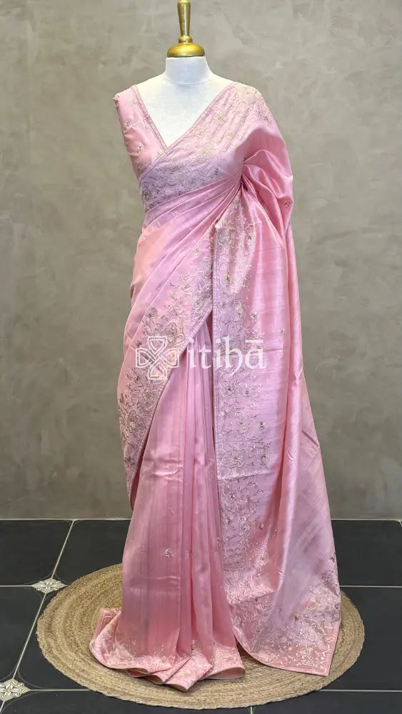 SEMI TUSSAR EMBROIDERY SAREE - Pink