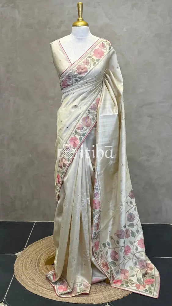 SEMI TUSSAR EMBROIDERY SAREE - Pink