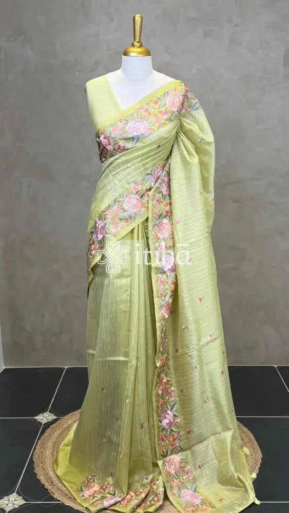 SEMI TUSSAR EMBROIDERY SAREE - PISTA GREEN