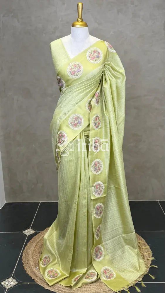 SEMI TUSSAR EMBROIDERY SAREE - PISTA GREEN