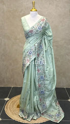 SEMI TUSSAR EMBROIDERY SAREE - SAGE GREEN