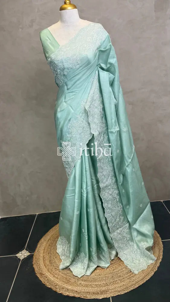 SEMI TUSSAR EMBROIDERY SAREE - SAGE MINT