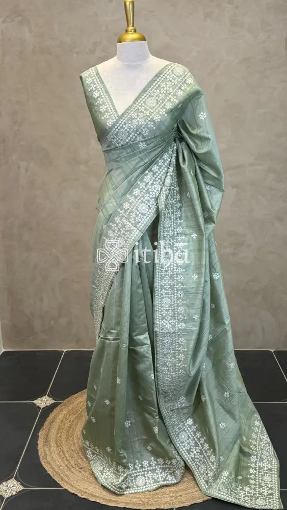 SEMI TUSSAR EMBROIDERY SAREE - SEA GREEN