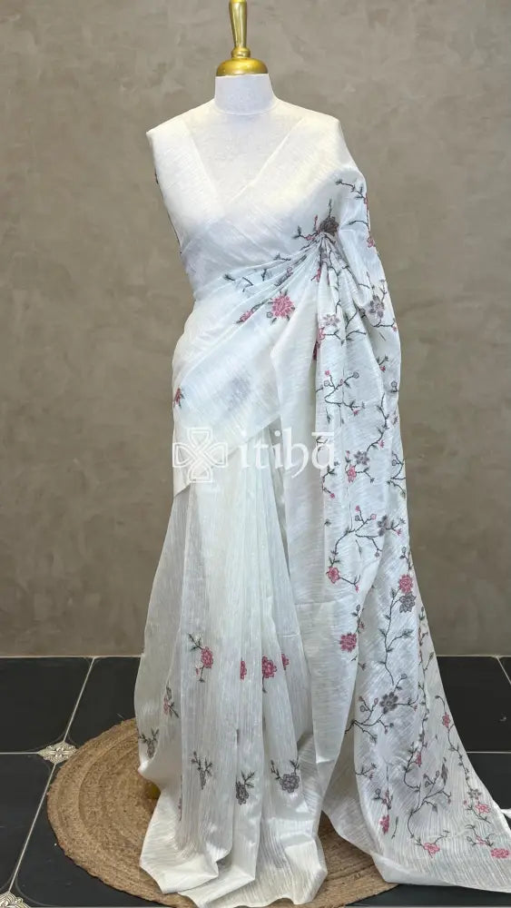 SEMI TUSSAR EMBROIDERY SAREE - White