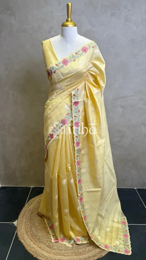 SEMI TUSSAR EMBROIDERY SAREE - Yellow